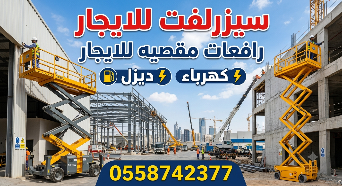 🚧 تأجير سيزر لفت ورافعات مقصية للإيجار بجميع المقاسات 8–20 متر | أسعار منافسة وخدمة سريعة